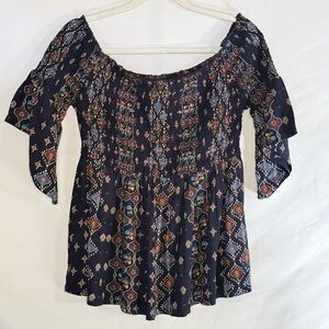 Hollister Navy Blue Floral Off Shoulder Smocked Top Large NWT